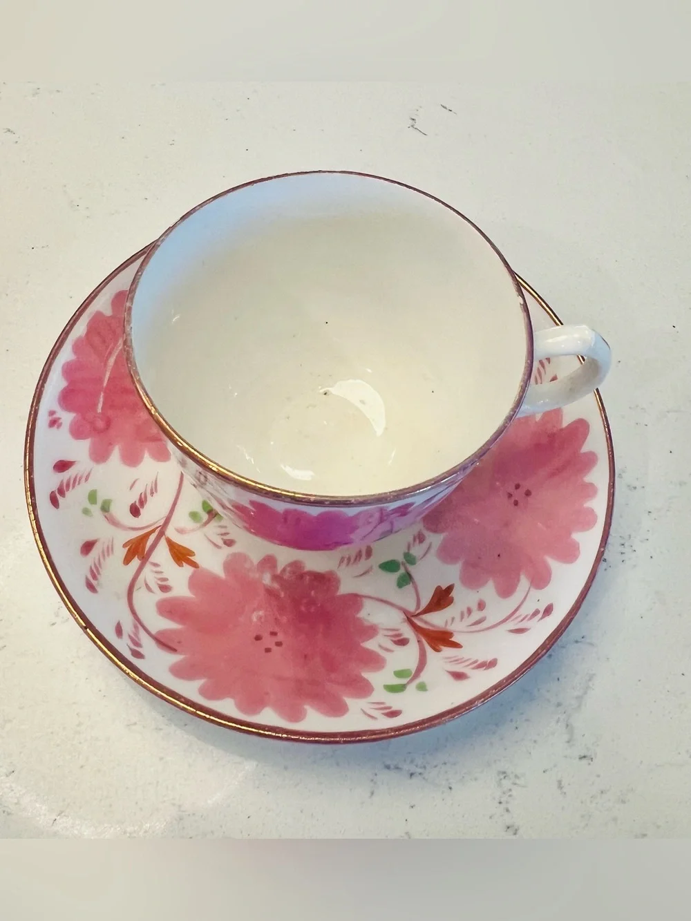 Antique Allerton Staffordshire Pink Lustre Dahlia Cup & Saucer Gaudy Welsh